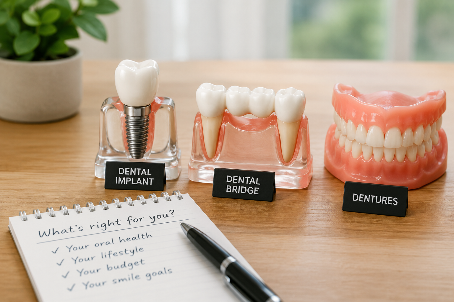 replicas of dental implants, bridge, and dentures sit on a desk