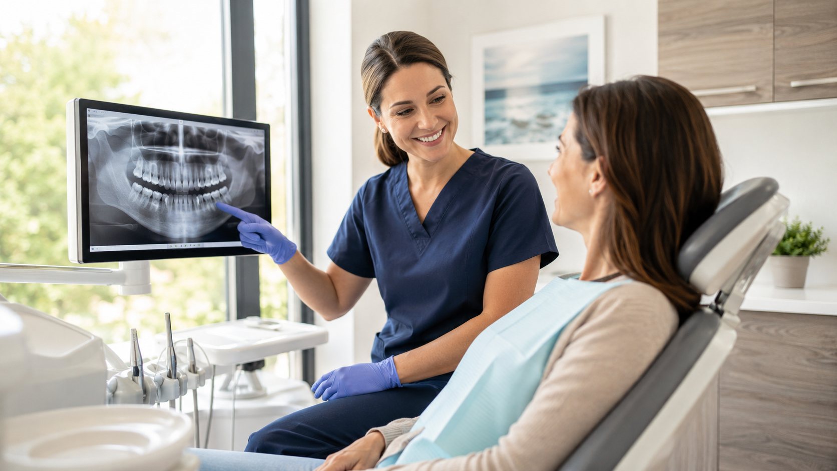 female dental assistant showing digital X-rays to female patient