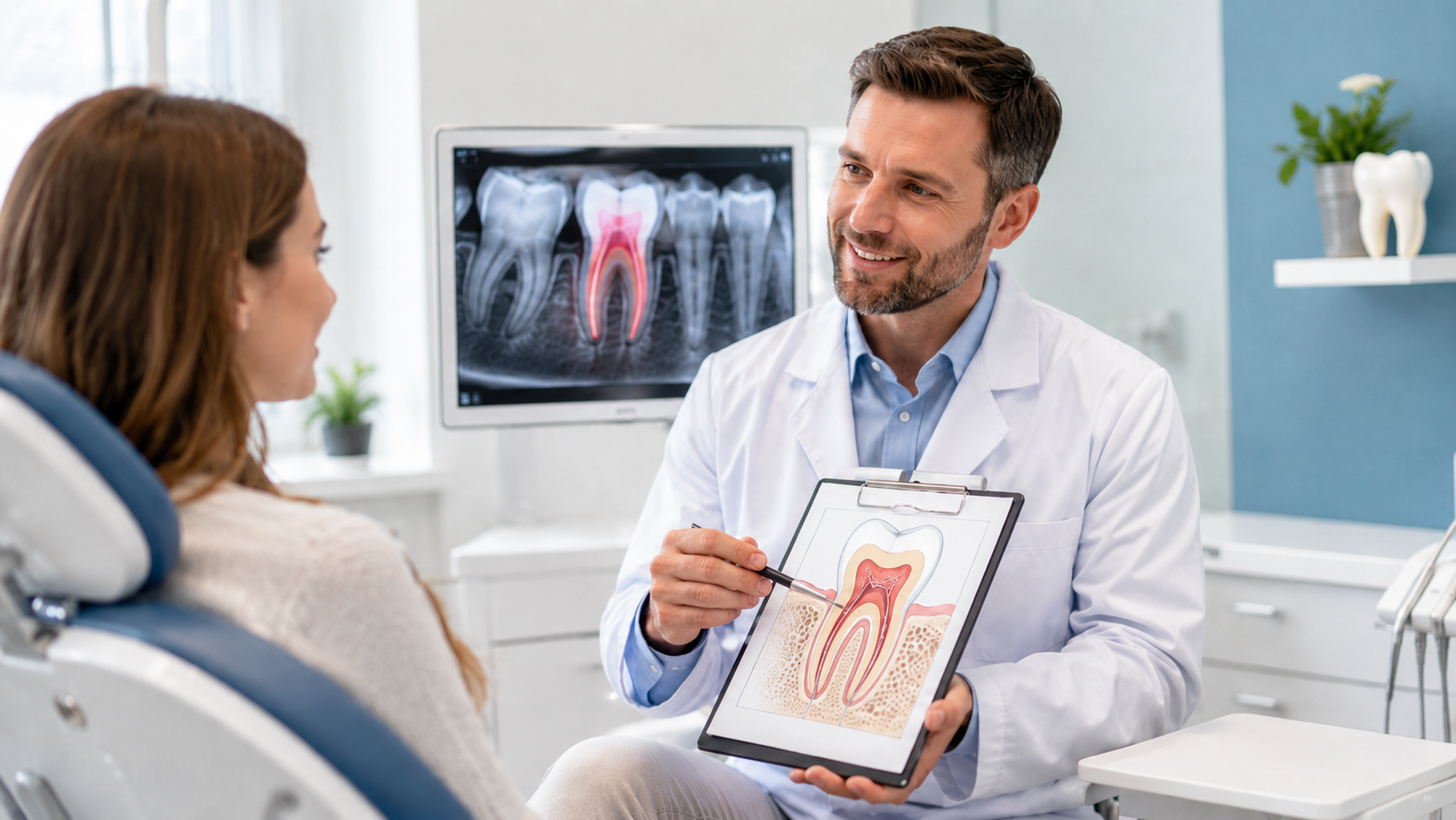a female patient visits with the dentist about a root canal procedure